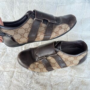 Gucci Brown Monogram Leather & Canvas Slip-On Sneakers